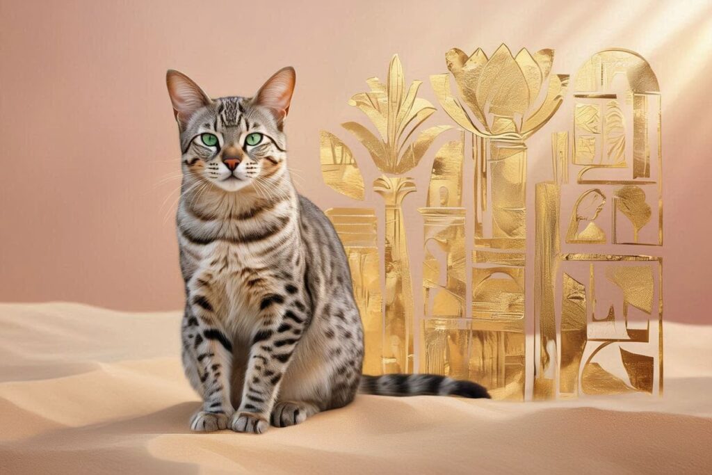 Egyptian Mau cat sitting with golden décor.
