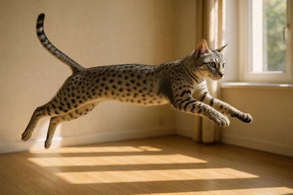 Egyptian Mau leaping mid‑air, showing agility.