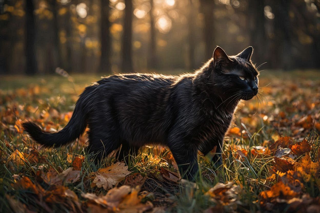 Black cat walking through grass with light on its coat