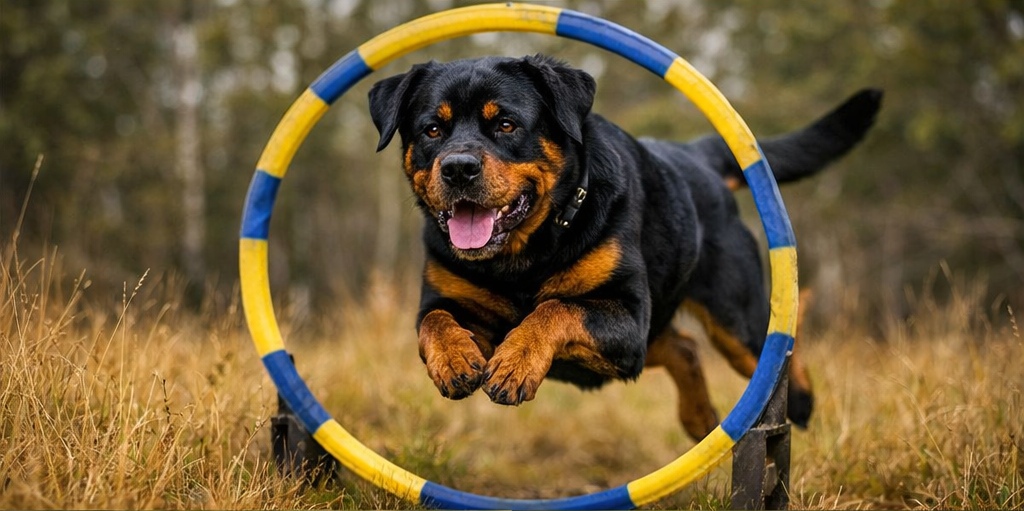 Rottweiler jumping through an agility hoop.