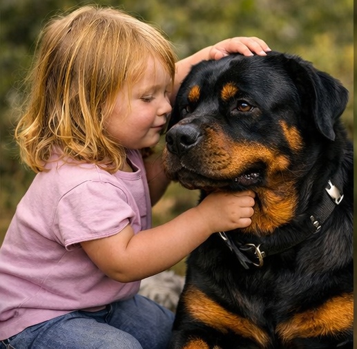 Child affectionately interacting with a Rottweiler.