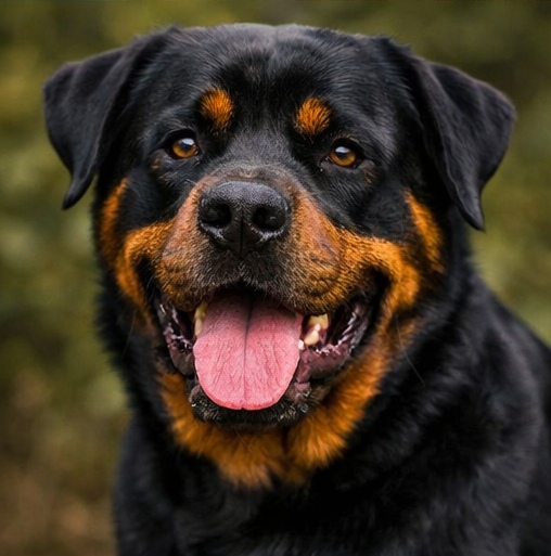 Close‑up of a Rottweiler panting, showing facial features.