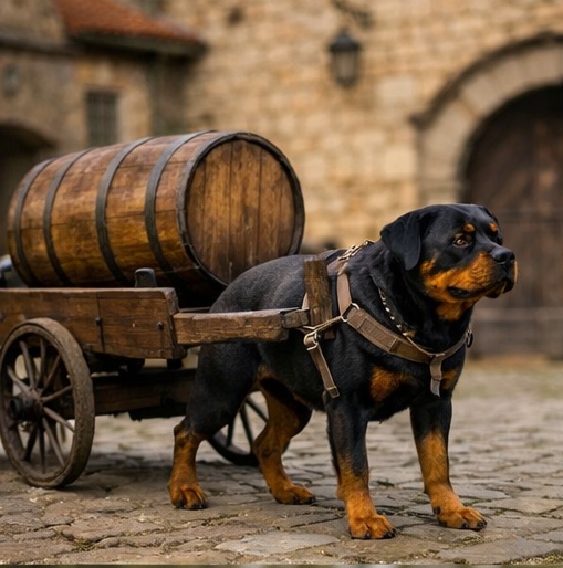 Rottweiler harnessed to a cart carrying a barrel.