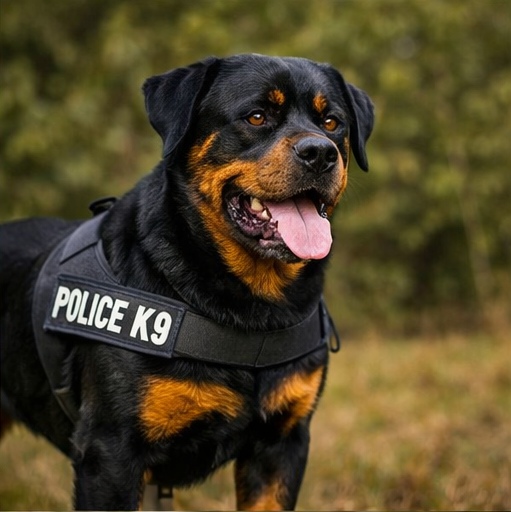 Rottweiler wearing a police K9 vest, trained for law enforcement work.