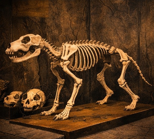 Museum display of extinct wolf skeleton. 