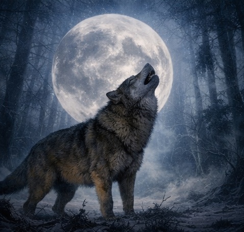 Extinct wolf howling at a full moon in a forest