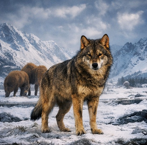 Realistic rendering of extinct wolf in snowy mountains