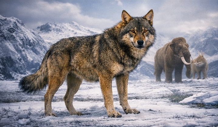 Extinct wolf in snowy mountainous terrain with other animals