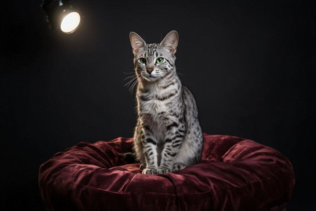 Egyptian Mau sitting on a red cushion under spotlight.