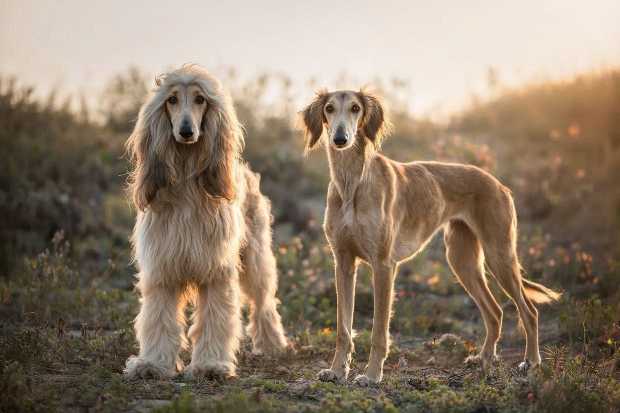 Afghan Hound and Saluki side by side.