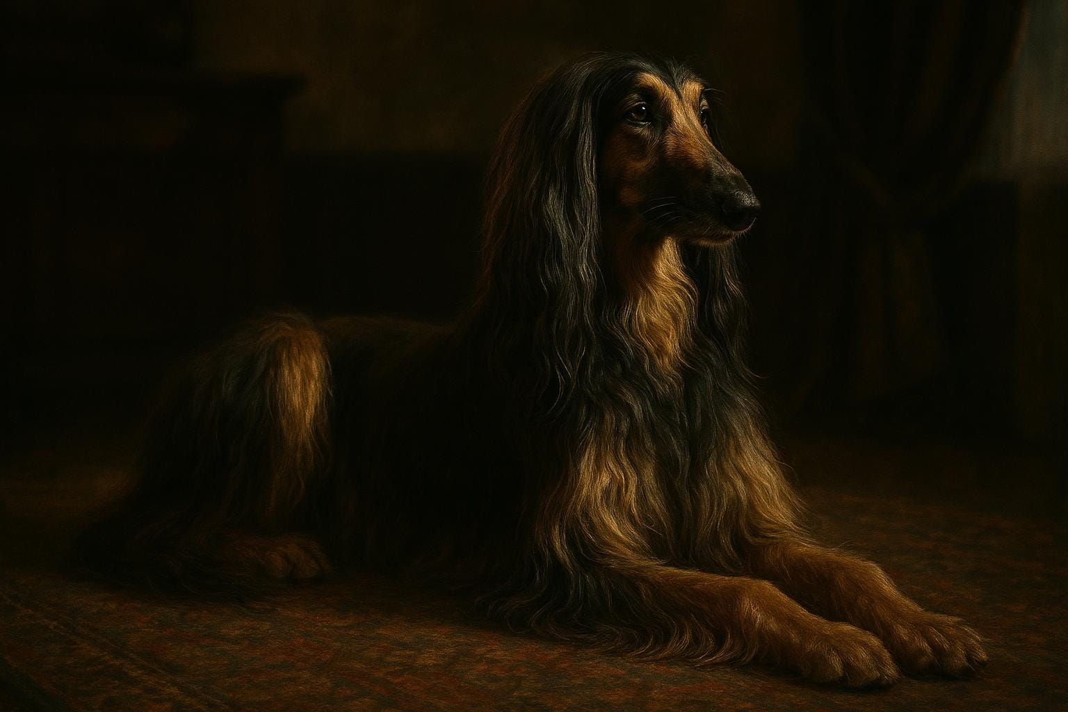 Afghan Hound lounging indoors with dignified posture.