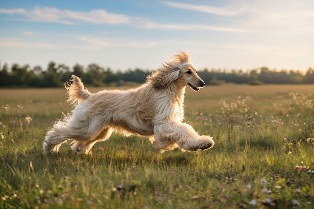 Afghan Hound running across open field.