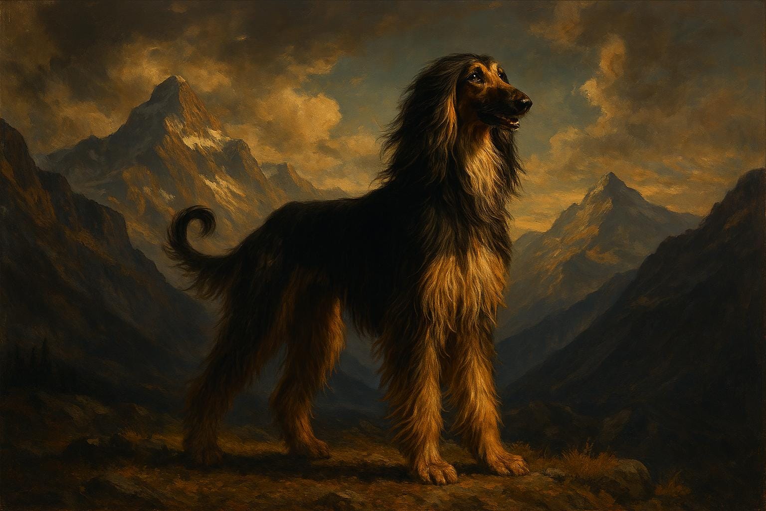Afghan Hound standing proudly in mountain landscape.