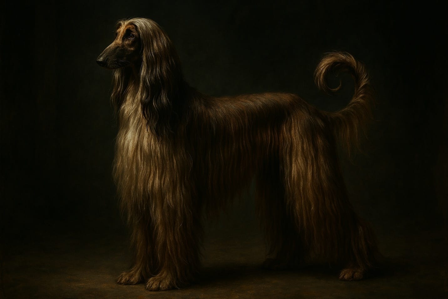 Afghan Hound with long silky coat and curled tail.