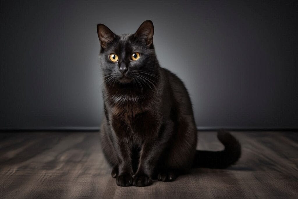 Black cat with golden eyes sitting calmly.