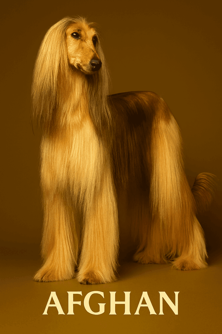 Afghan Hound dog with long silky golden coat standing elegantly against a brown background.