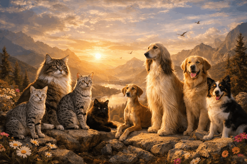 Majestic cats and dogs at sunset — Maine Coon, Egyptian Mau, Afghan Hound, Saluki, Golden Retriever, and Border Collie overlooking a valley.