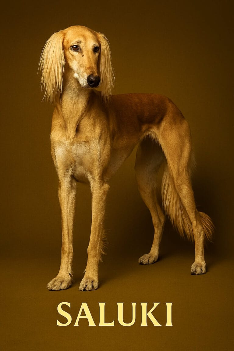 Saluki dog with slender frame and silky ears standing gracefully against a neutral background