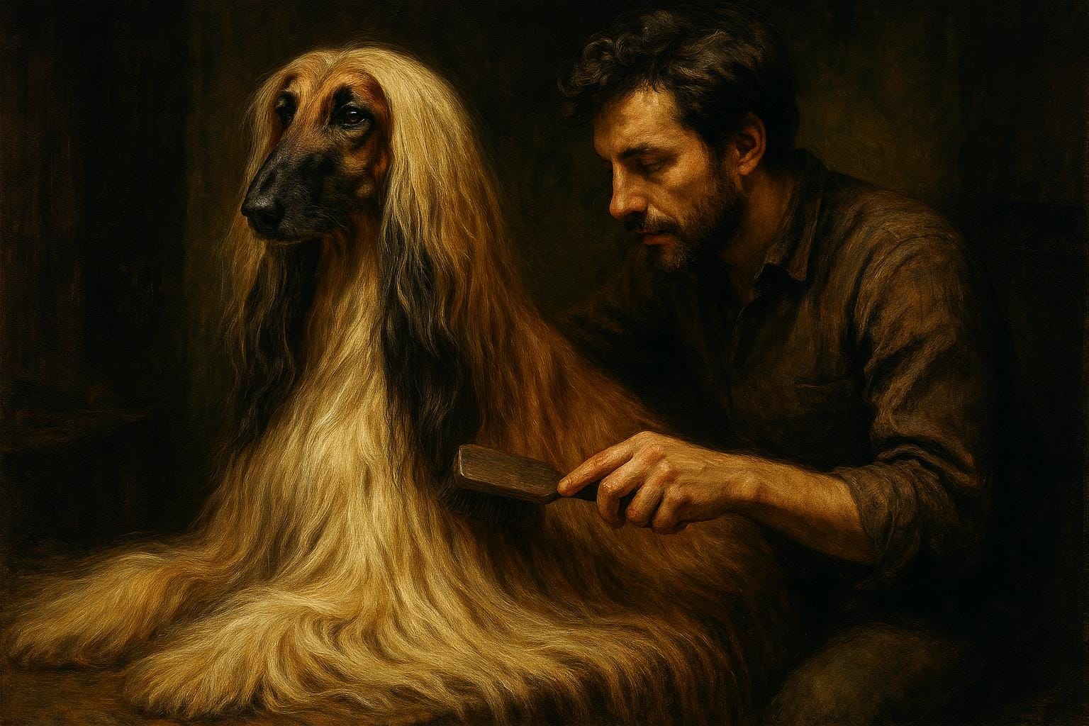 Owner brushing Afghan Hound’s long coat.