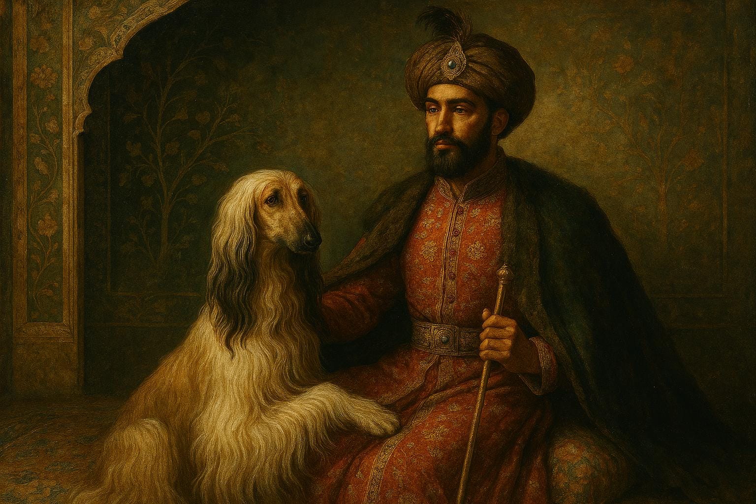 Persian miniature art featuring Afghan Hound with royalty.