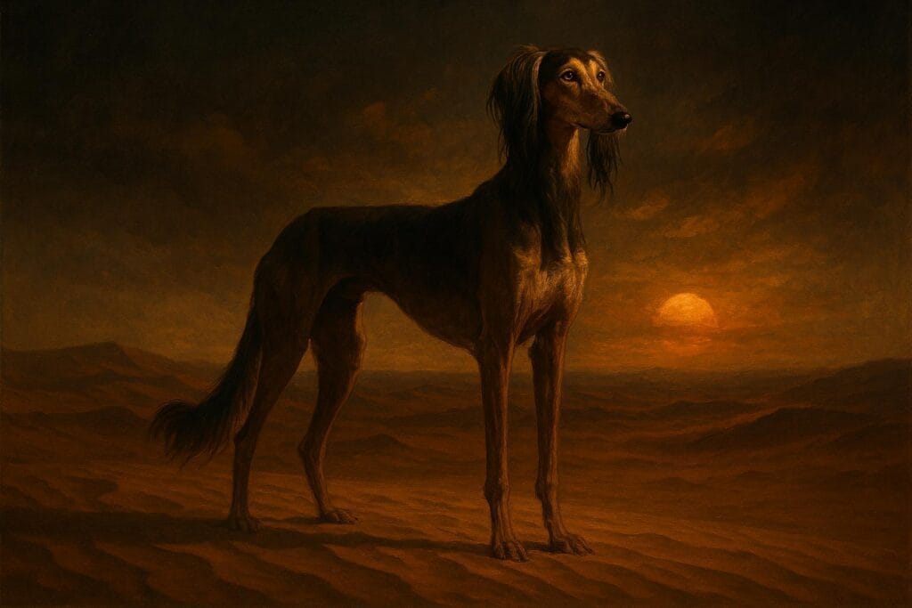 Saluki Dog standing in desert dunes at twilight.