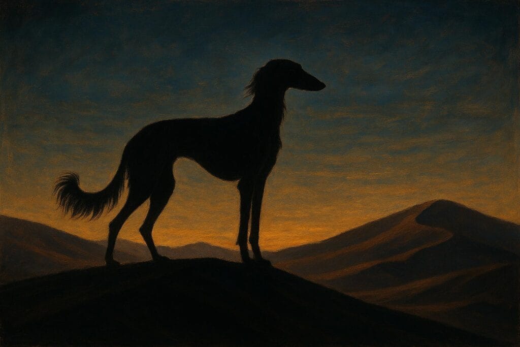 Saluki silhouette at sunset on desert hill.