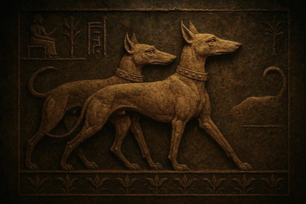 Stone relief carving of Saluki‑like dogs.