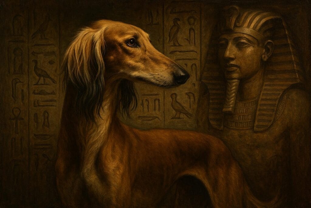 Saluki Dog in front of ancient Egyptian art.