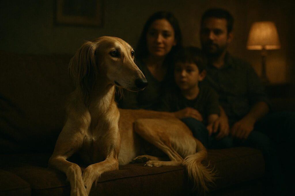 Saluki Dog resting with family indoors.