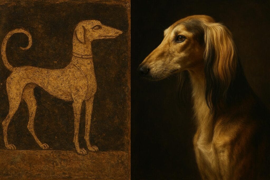 Classical painting of Saluki Dog beside modern portrait.