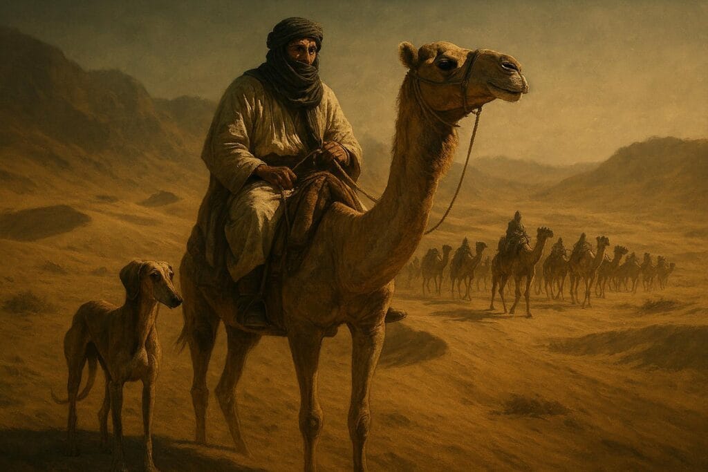 Bedouin rider with Saluki Dog beside camel caravan.