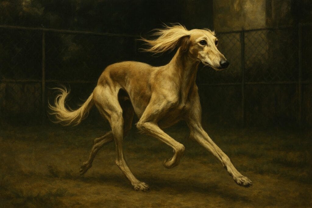Saluki Dog running at high speed with motion blur.