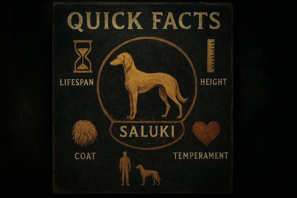 Saluki Dog quick facts infographic with icons.