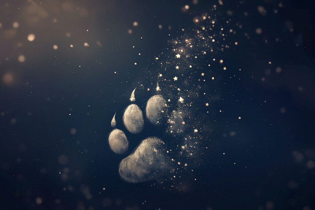 Glowing paw prints fading into sparkles, symbolizing a pet’s memory.