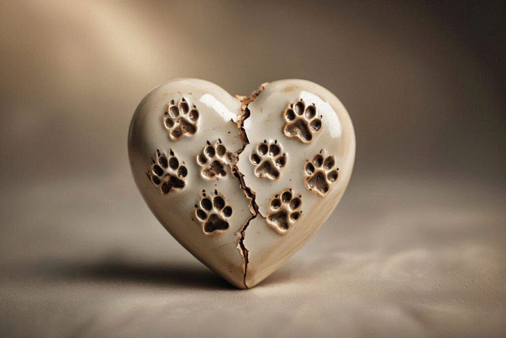 Cracked heart-shaped object decorated with paw prints.