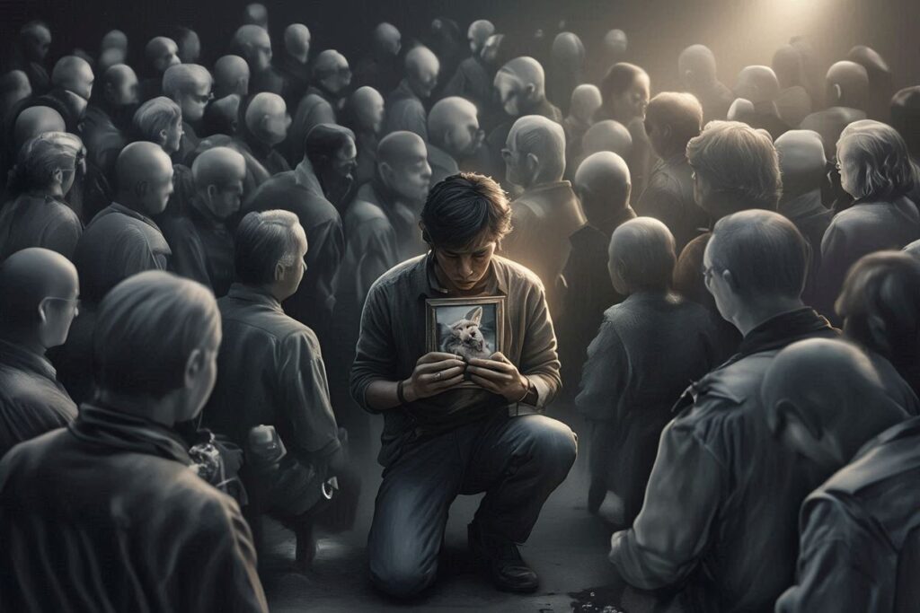 Person kneeling in a crowd, holding a framed photo in grief.