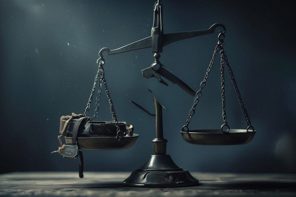 Balance scale weighing a bag against a feather.