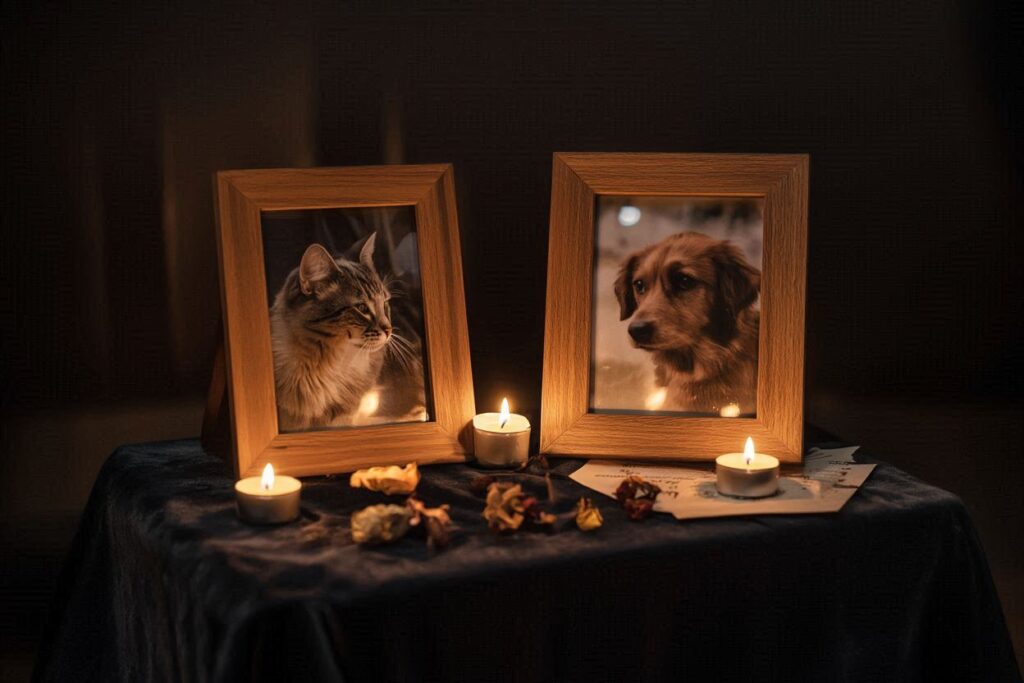 Two framed photos, one of a cat and one of a dog, beside a lit candle and flowers.