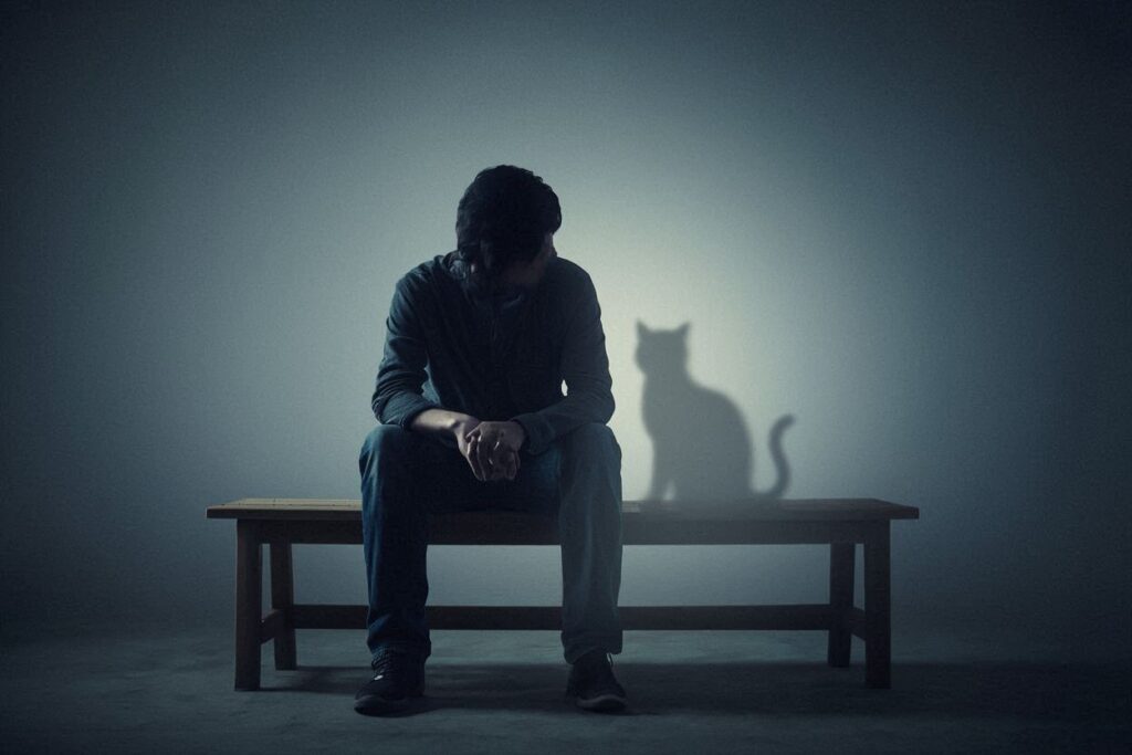 Person sitting on a bench with a cat’s shadow behind them.