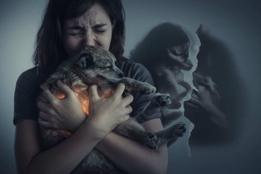 Person hugging a dog tightly with a ghostly image of the dog behind.