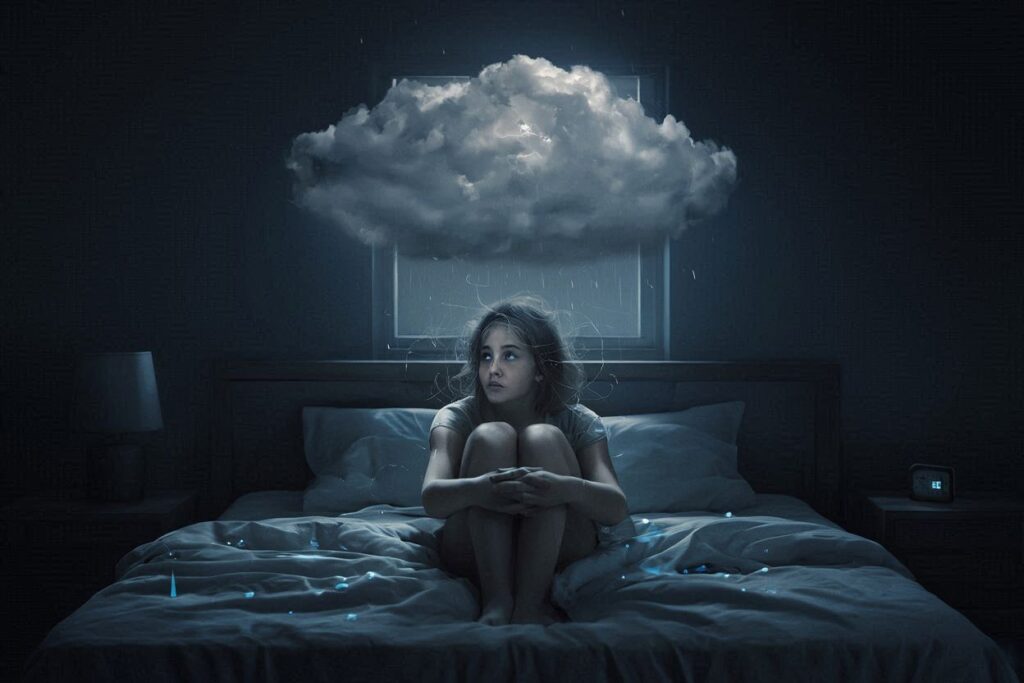 Person sitting on a bed under a dark cloud.