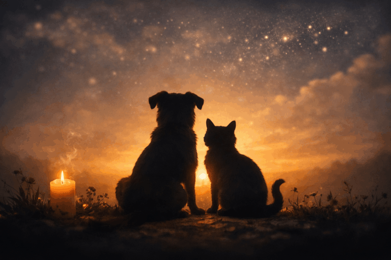 Silhouette of a cat and dog sitting side by side under candlelight, gazing into a glowing horizon.